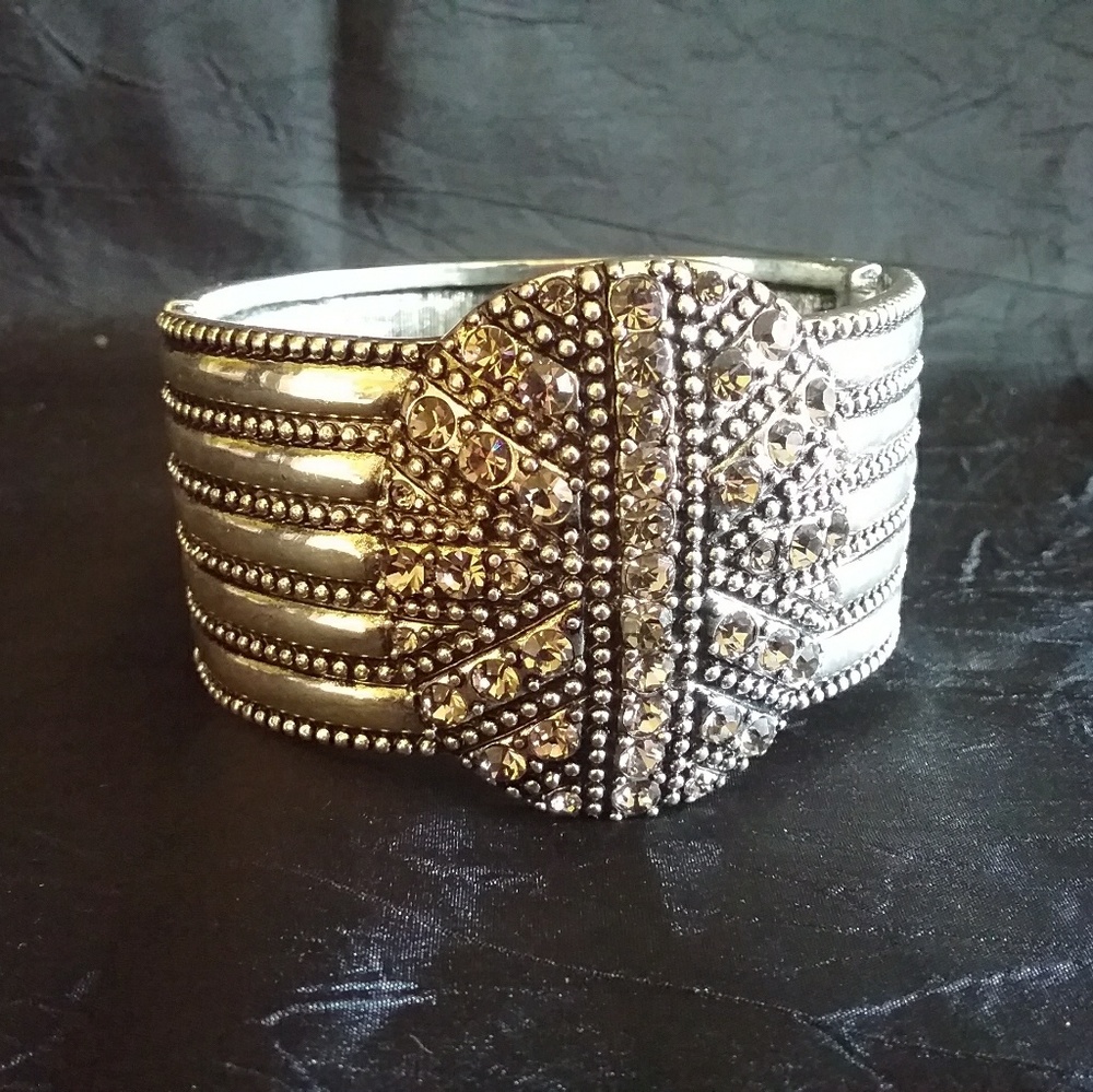 Silver Rhinestone Hinge Cuff Bracelet - image 1